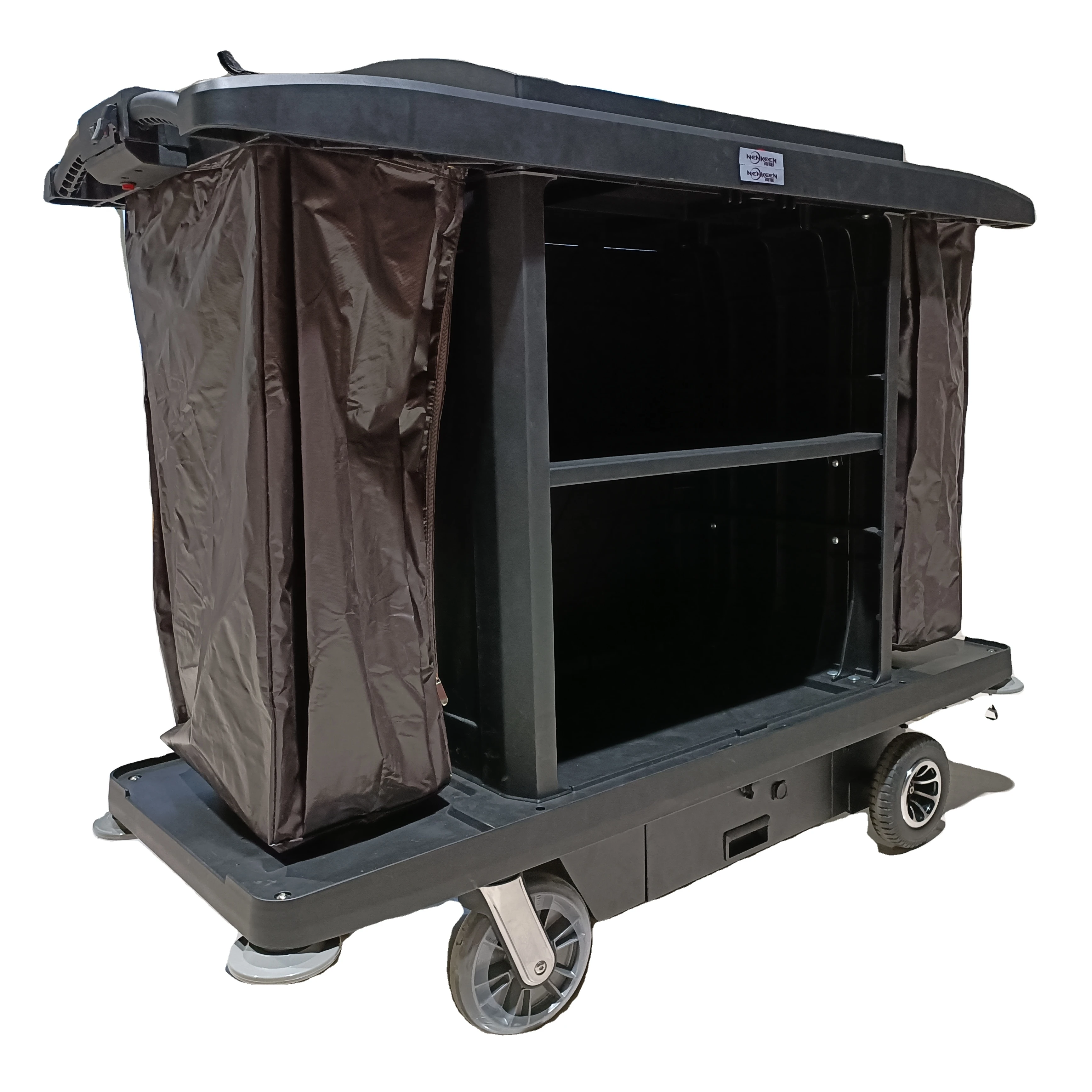 Commercial Electric Plastic Housekeeping Cart | Battery Powered Hotel Cleaning Trolley with Adjustable Shelves 300KG Capacity