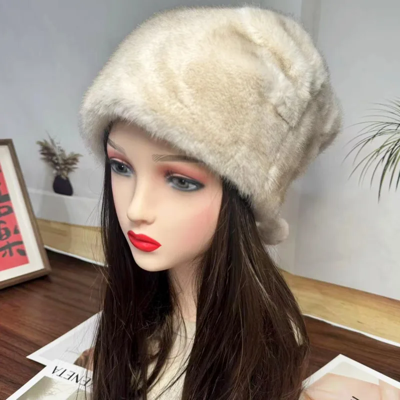 Faux Mink Fur Hat For Women Winter Thick And Warm Ear Protection Fur Hat Russians Bomber Cap Female Fluffy Faux Fur Bucket Hat
