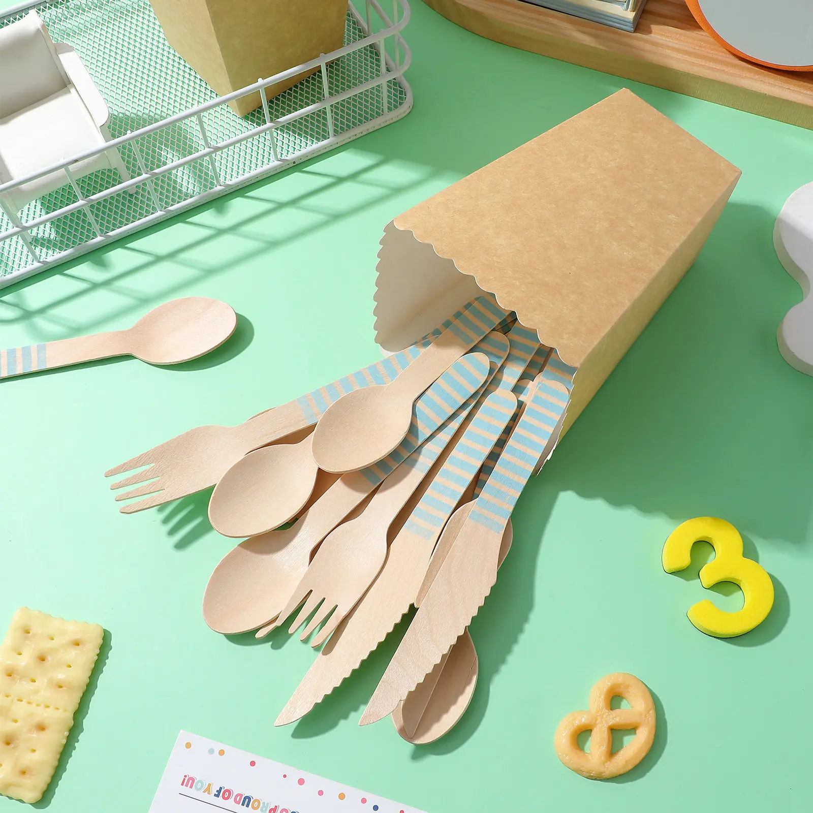 1Set Wooden Cutter Spoons Set Biodegradable Natural Disposable Spoons for Birthday Party Wedding Picnic Disposable Cutter