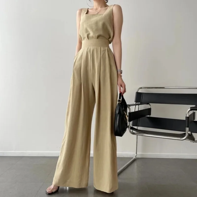 

Gothiscyn Commuter Suit Women's Summer Square Collar Vest High Waist Wide Leg Pants Two-piece Set Fashion Female Clothes