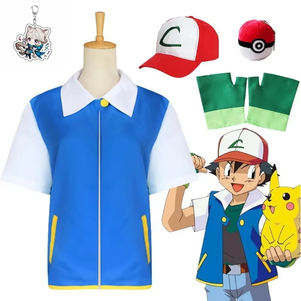 

Ash Ketchum Аниме Trainer Косплей Traje para homens e mulheres, jaqueta azul, boné e luvas, festa de Halloween косплей