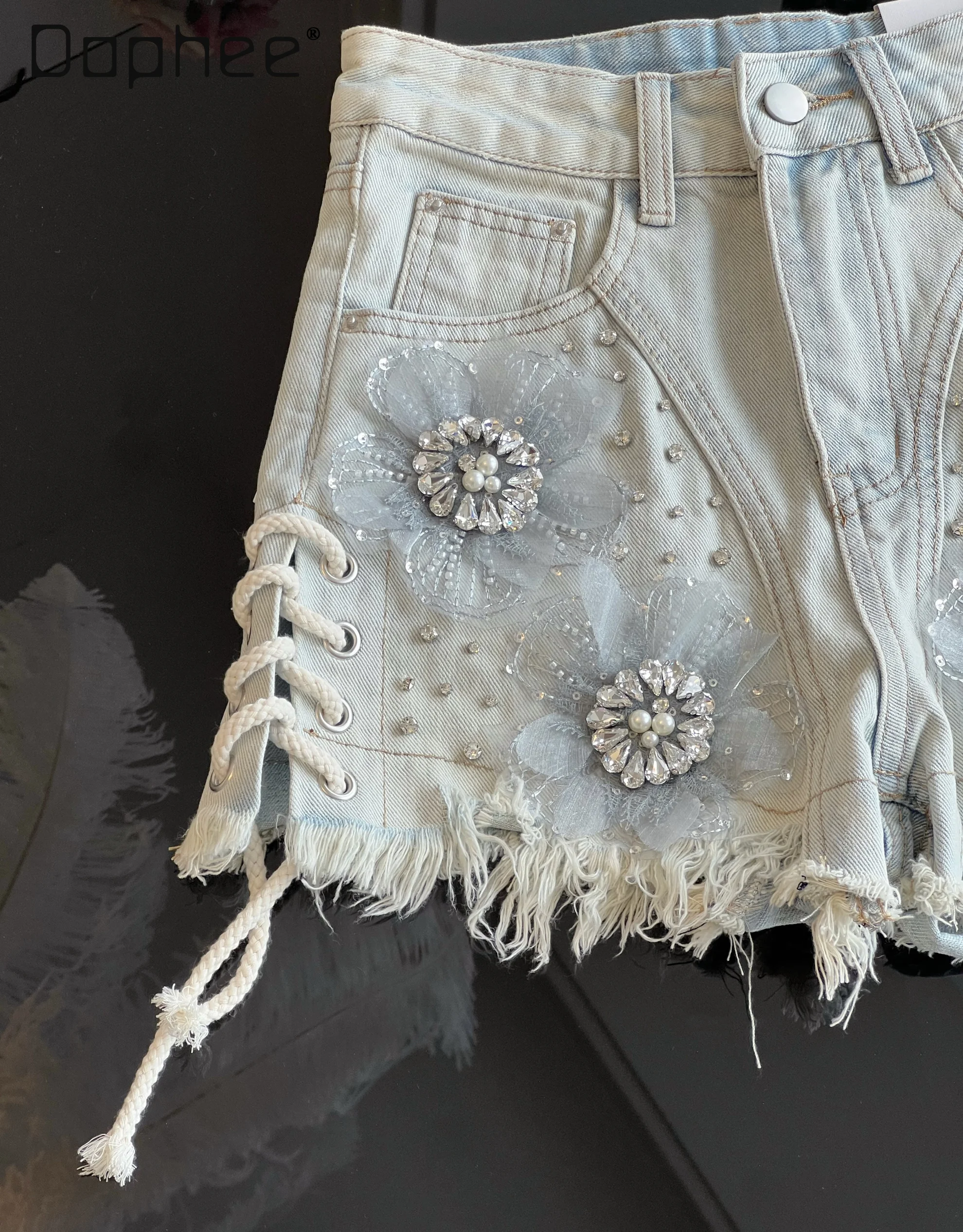 Retro Strap Denim Shorts Women Summer New Heavy Industry Diamond-encrusted High-waisted Slim Wide-leg Pants Fashion Sexy Jeans