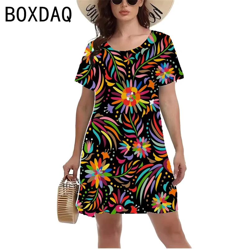 Vintage 3D Elements Cashew Pattern Dress Women Short Sleeve O-Neck Casual Mini Dress Big Size 3XL Kobieca sukienka A-Line Vestidos