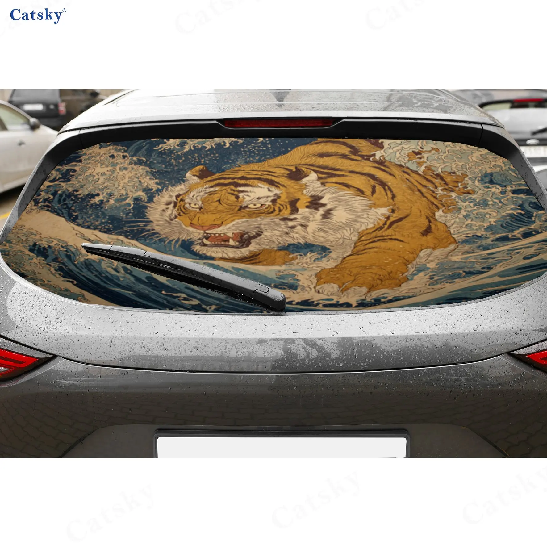 The Tiger In The Waves PVC Perforated Car Vinyl Wraps, Privacy Enhancing Design For Rear Window, Car Rear Windshield Sticker