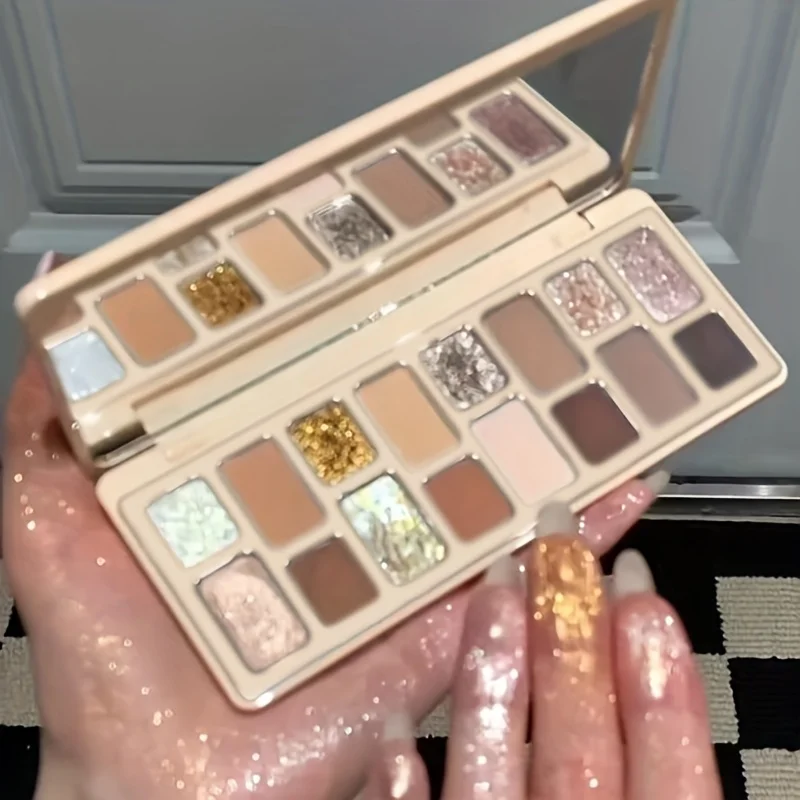 Pearlescent 16-Color Eyeshadow Palette - Matte & Shimmer Finishes in Nude, Brown & Golden Tones for Everyday Glow & Relief