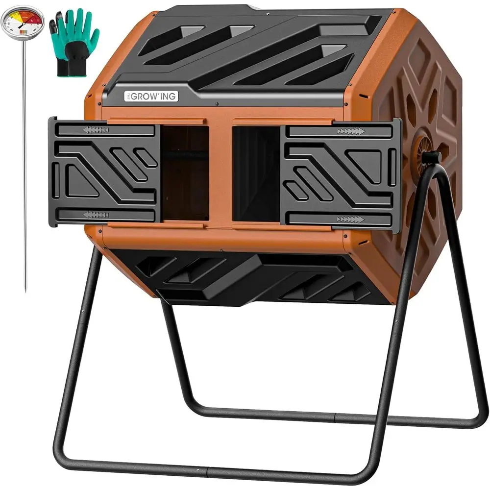 

43 Gallon Dual Chamber Rotating Compost Bin with Thermometer for Outdoor Garden Use