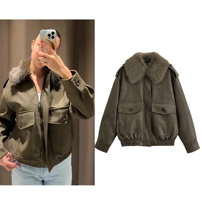 

NERHEFZ Women Removable Collar Faux Suede Jacket Autumn Fashion Zipper Pocket Long Sleeve Vintage Lady Coats Female Tops