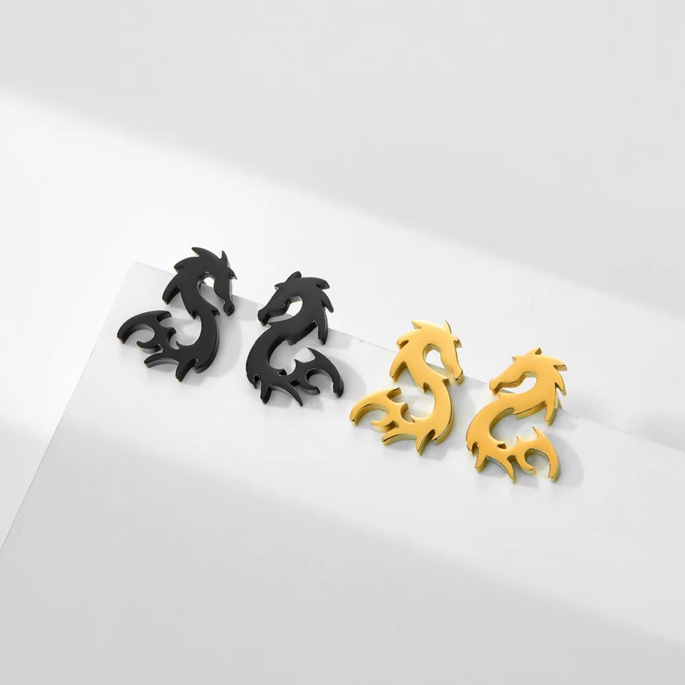 My Shape Punk Dragon Totem Stud Earrings for Men Women Hippop Black Color Stainless Steel Earring Vintage Jewelry Celtics Amulet