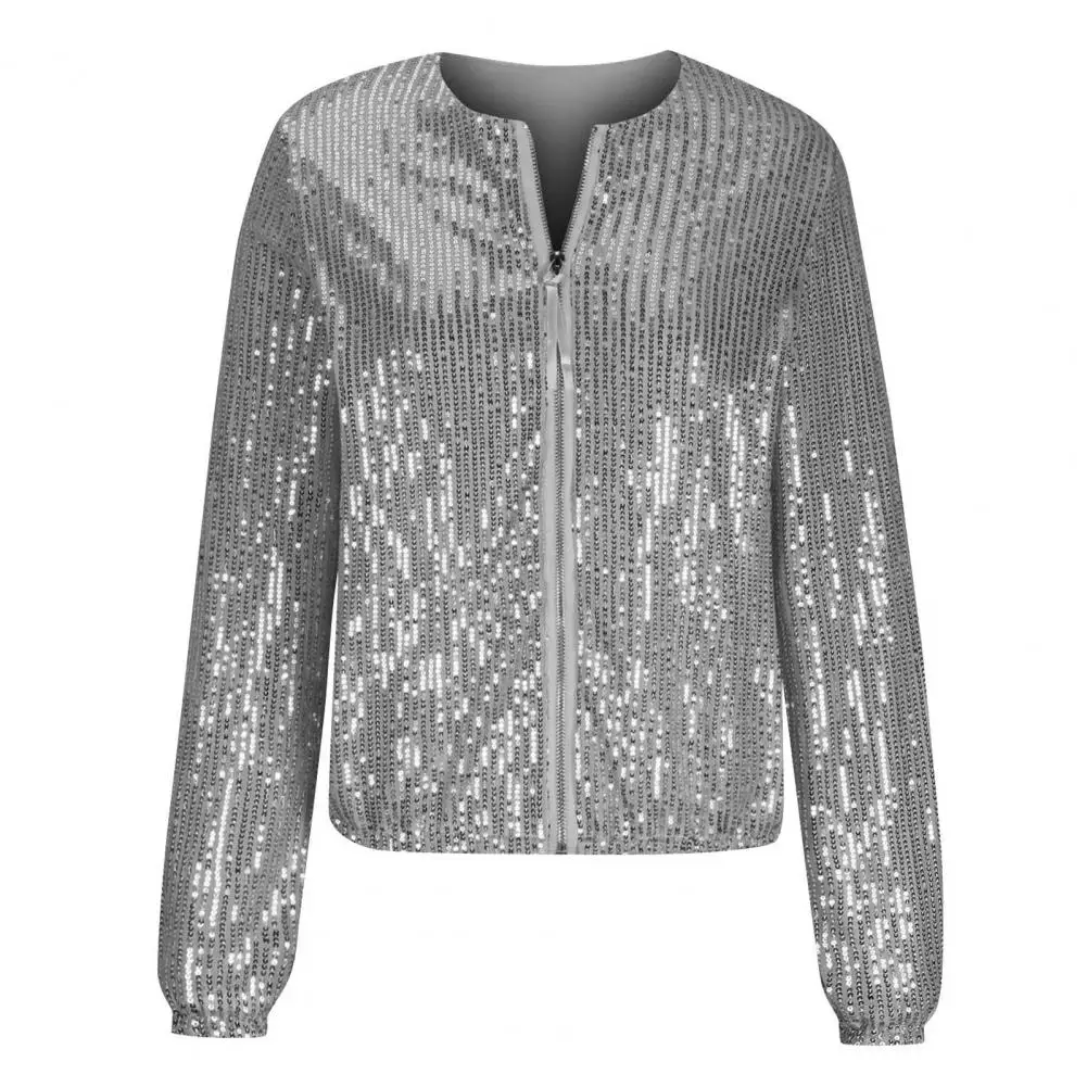 Spring Autumn Jacket for Women Sequin Glittering Lady Coat with Zipper Closure Long Sleeves Short Type for Club for Women