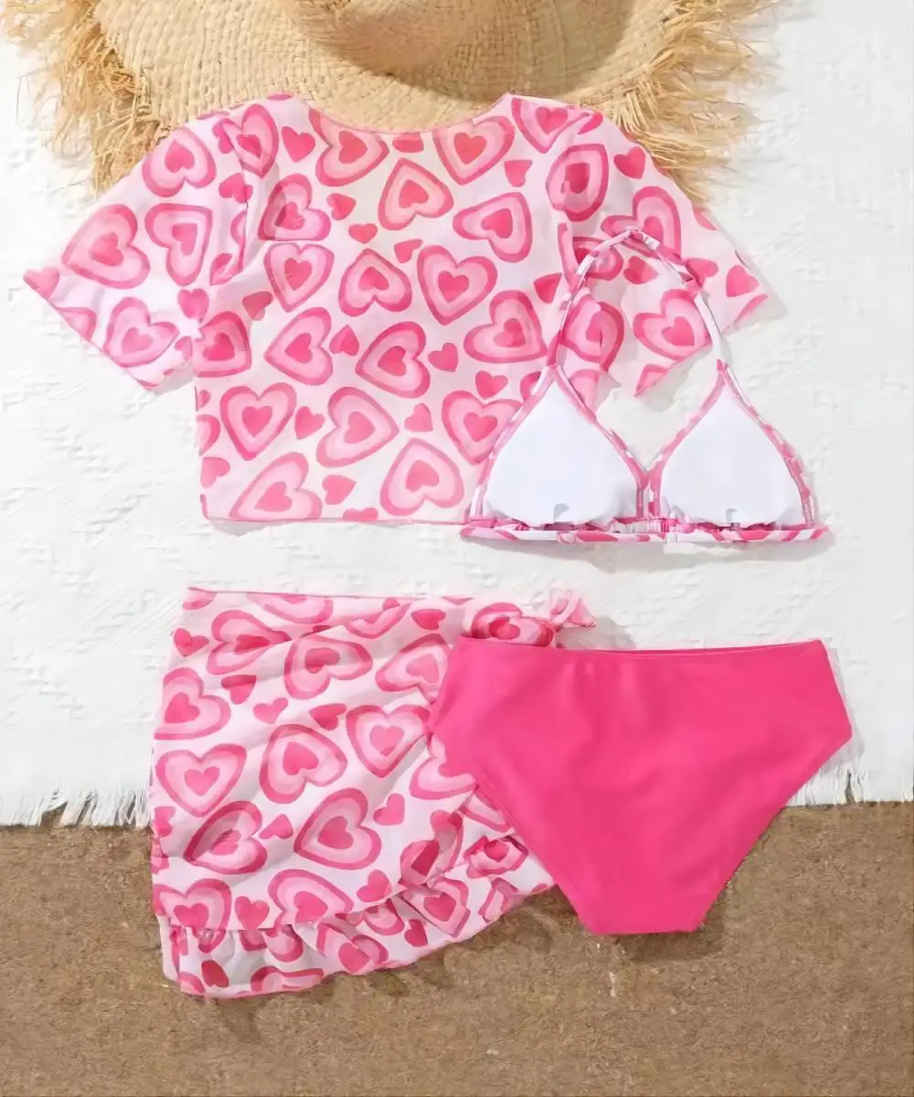 Red Flower Print Swimsuit for Girls, Children's Swimwear, Small Fresh, Tie Dye Split, 4-Piece Set, New, 2024