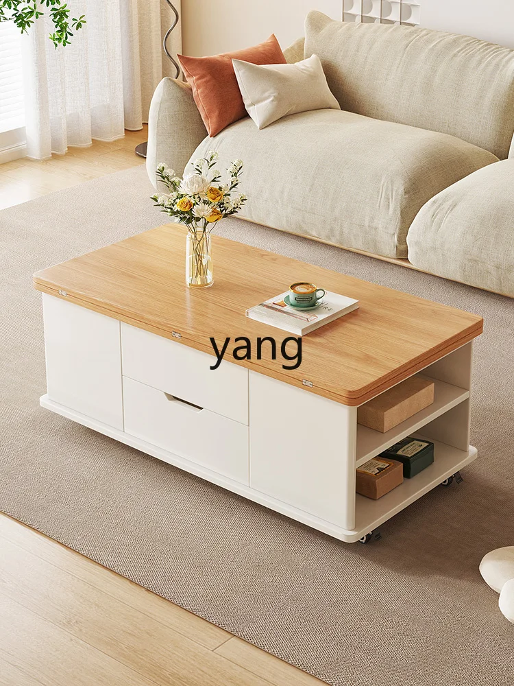 Yjq Multi-Functional Coffee Table Wood Color Small Apartment Dining Table Lifting and Foldable Retractable