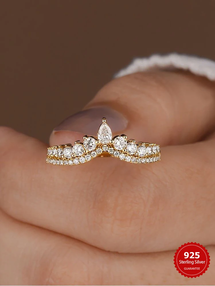 925 Sterling Silver Classic Water Drop Round Zircon Crown Ring For Women Engagement Wedding Luxury High Quality Fine Jewelry