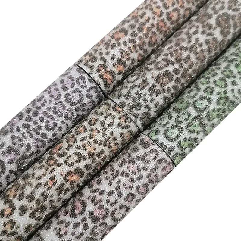 Leopard Custom Glitter Leather Sheets Pearls Beading Glitter Faux Fabric Leather Craft Material For Bow DIY 21X29CM FZ333A