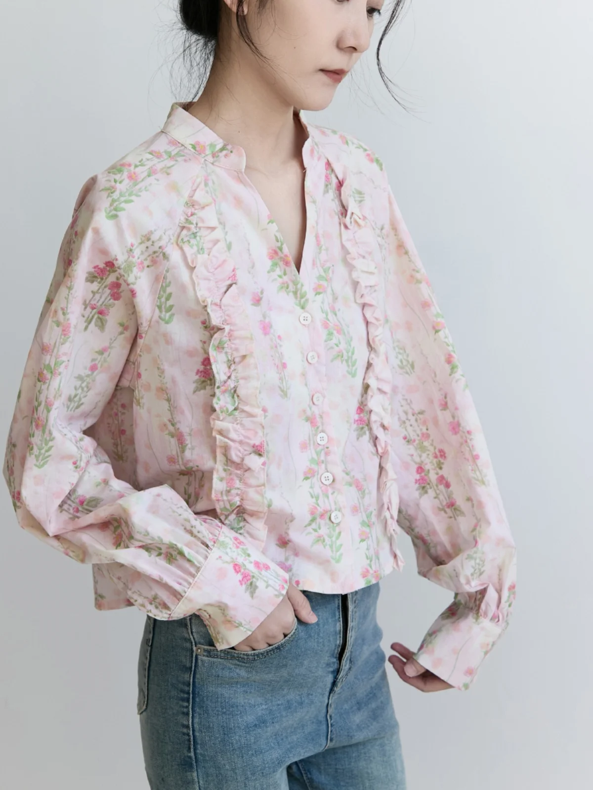 

Нежный цветочный топ с длинными рукавами для женщин, весенняя мода, свободный крой, для миниатюрных девушек, элегантный повседневный топ прямого кроя