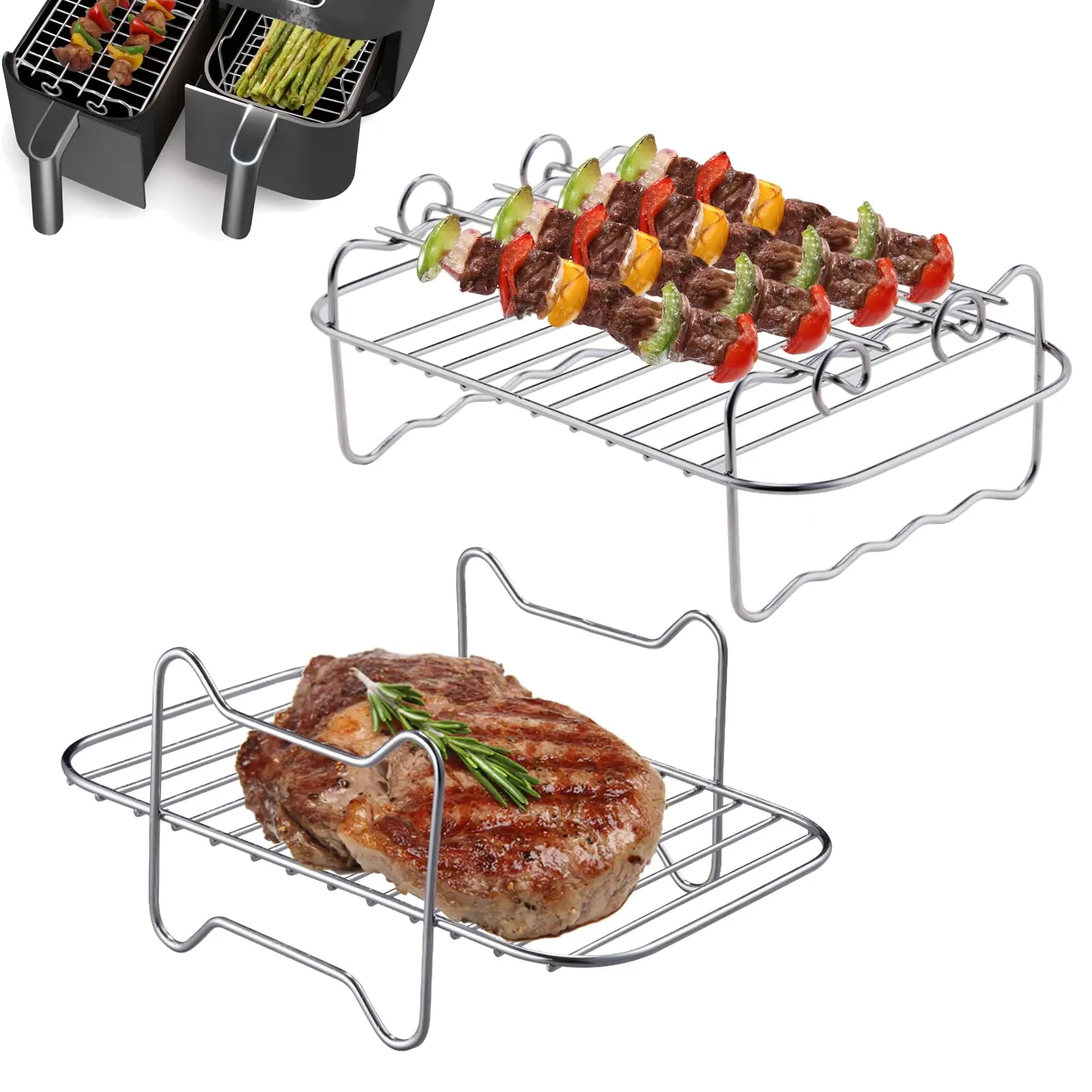 Air Fryer Rack, Dual Airfryer Racks Grilling Rack with 4 Skewers for Ninja Food Dual Zone Air Fryer AF300UK AF400UK Accessories