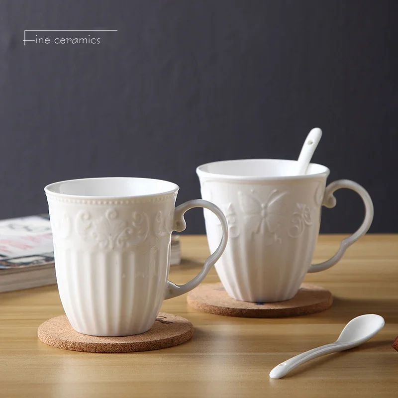 350ML, White Embossed Porcelain Coffee Mug, Vintage Tazas Cup, Ceramic Tea Mug Cute, Coffee Mugs Creative, Vaso Cafe Present