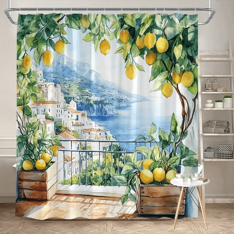 Lemon Tree Shower Curtain Coastal Village View Waterproof Polyester Bathroom Decor Bath Curtain Set