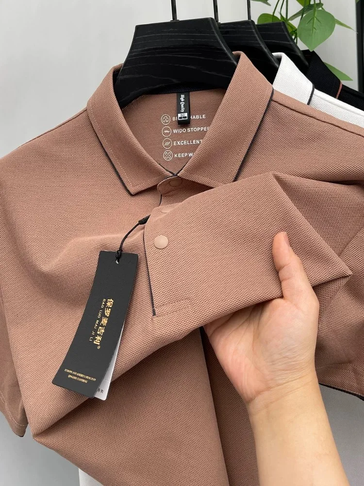 جودة عالية 100٪ قطن بلون قصير الأكمام قميص بولو زر فريد الرجال الصيف تنفس الراحة الملمس التلبيب تي شيرت