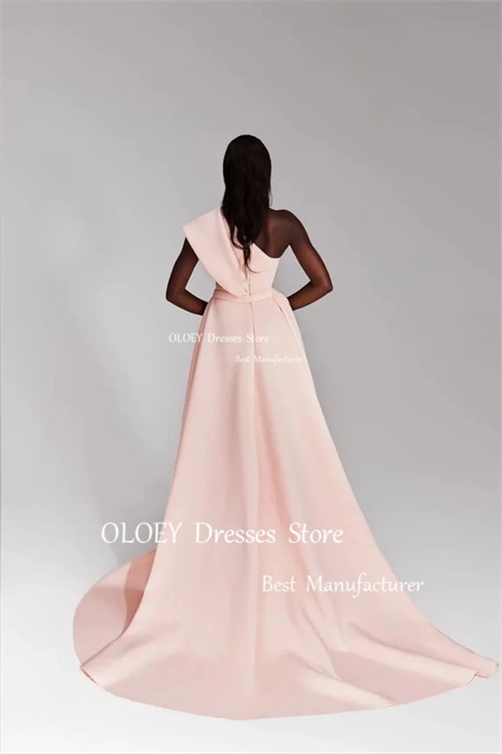 OLOEY One Shoulder Long Straight Prom Dress Light Pink Women Wedding Party Dress Photoshoot Pleats Satin Customized