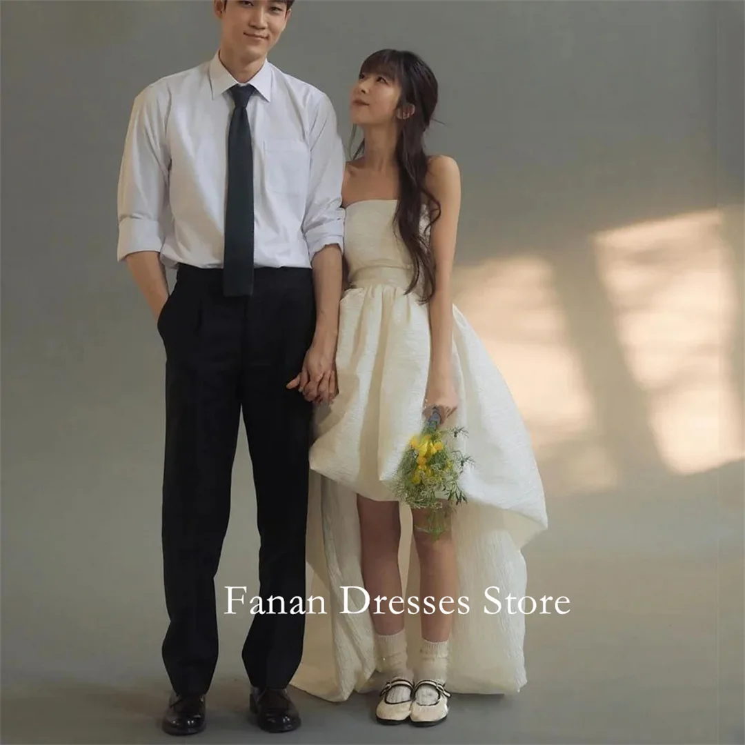 FANAN Korea Strapless High Low Sleeveless Satin Ruched Corset Wedding Dresses 웨딩드레스 Ivory Customized Pretty  Bride Dress