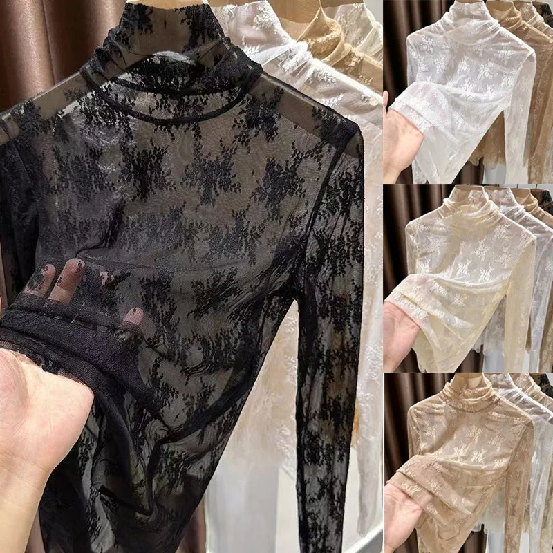 Sexy Women Long Sleeve Lace Blouses High Collar Inner Wear Lace Crochet T Shirt Base Tunic Top Perspective Vintage Bottom Blouse