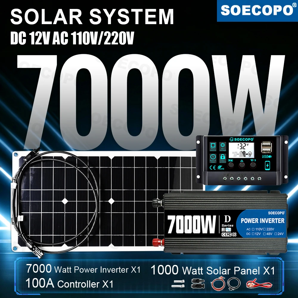 

Zero Emission 7000W Peak Solar System Kit(1000W Panel 110V/220V Inverter 100A Controller Complete)Off Grid For Camp Home charger