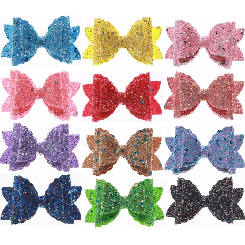 

200PCS 8CM Newborn Glitter Leather Hair Bow Fabric Flower For Wedding Invitation Artificial Flowers For Dress Home Decoration