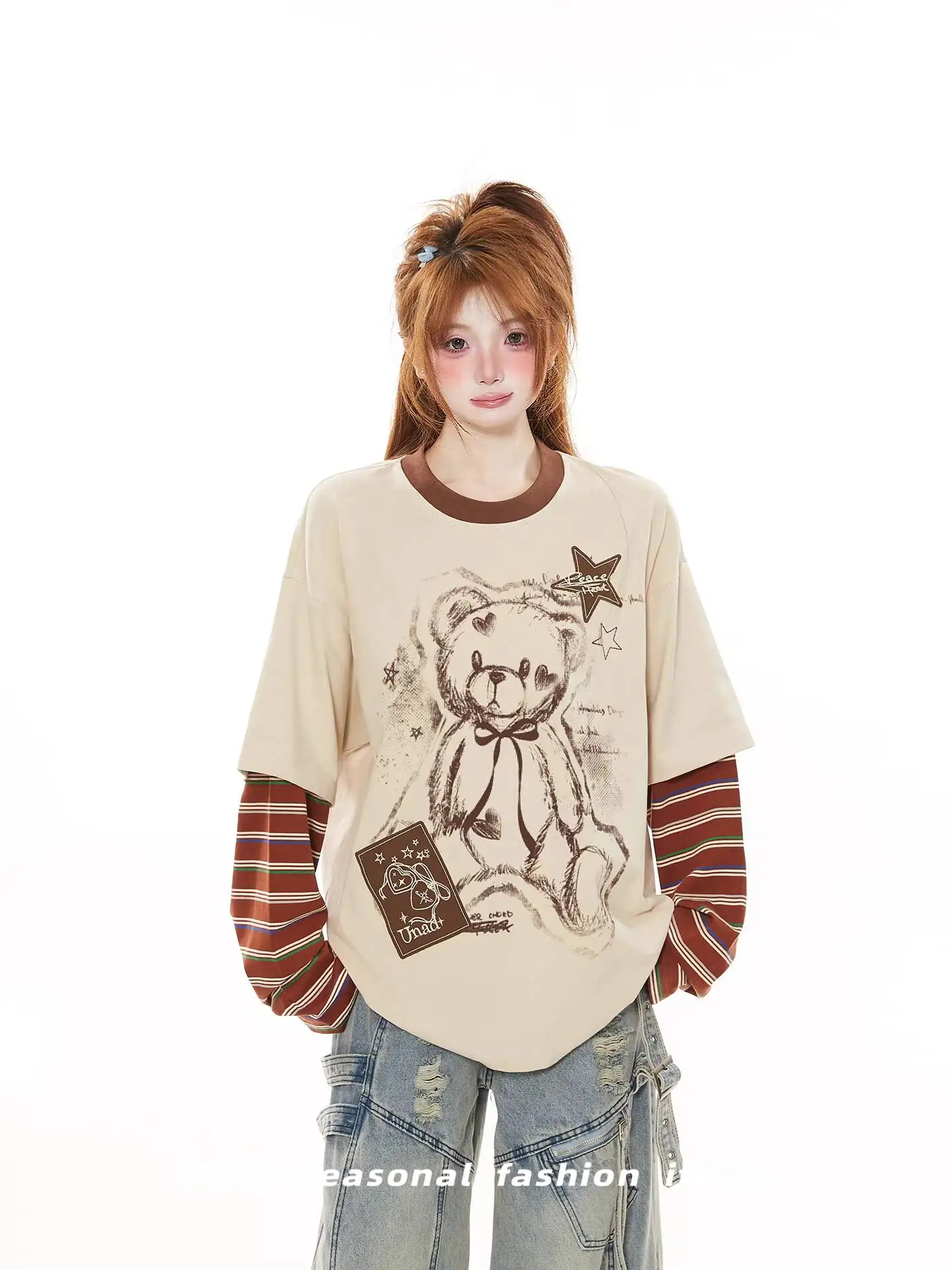 Women's Long Sleeve Fake Two Piece T-shirt 2026 Spring Vintage Cartoon Bear Striped Splice Long Sleeve T Shirt Spring Casual Top