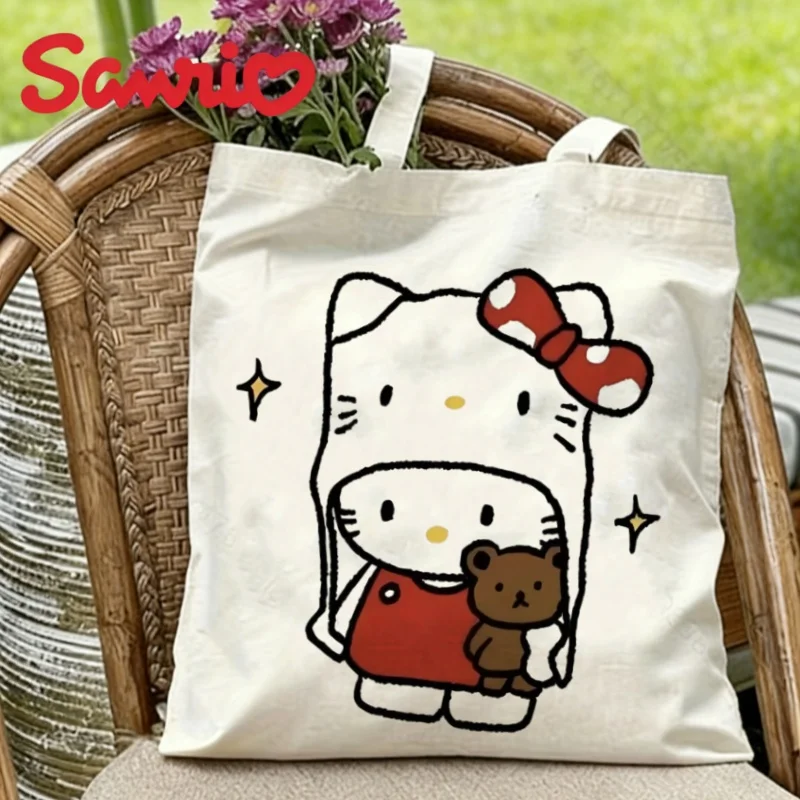 

1PC Hello Kitty with Kitty Hood & Teddy Bear Canvas Tote Eco-friendly Reusable Shoulder Bag