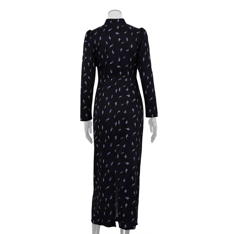 Tornova Elegante Print Lange Mouw Jurk Voor Vrouwen Stand Kraag Lace Up Hoge Taille Split Woon-werkverkeer Maxi Jurk Lady Splice Uitgesneden