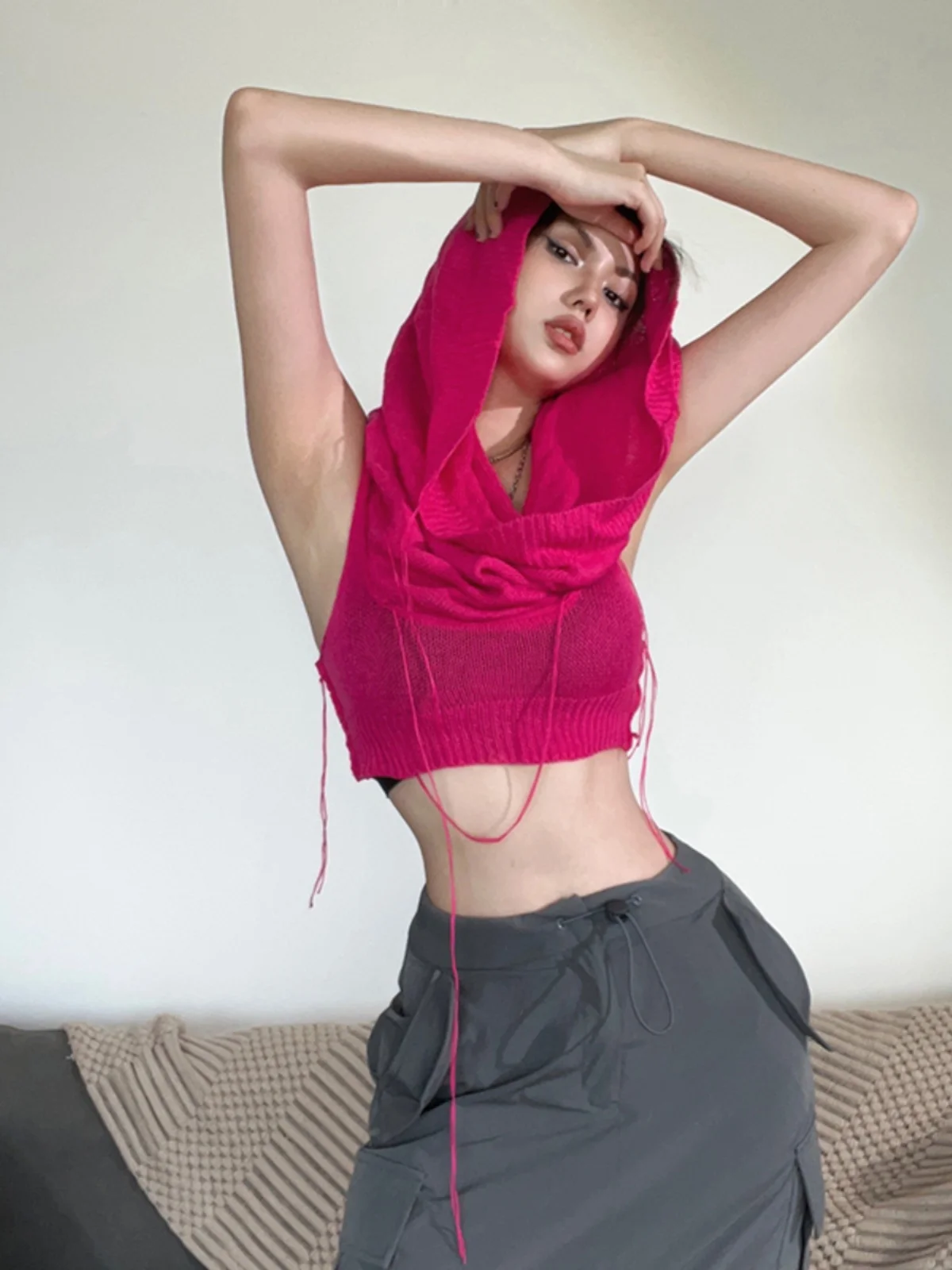 スパイシーガールカラーフーディスウェットニットベストレディースベリーバリング日焼け止めトップサマーストリートスリムフィット