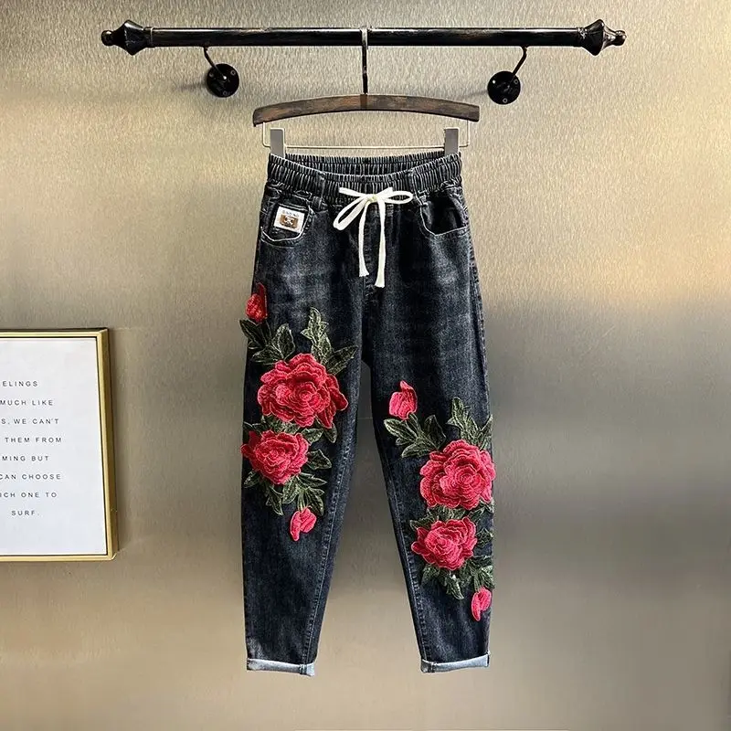 New Chinese Style Embroidered Rose Haren Pants High Waist Smoke Grey Elastic Loose Fashion Personality Nine Cropped Pants