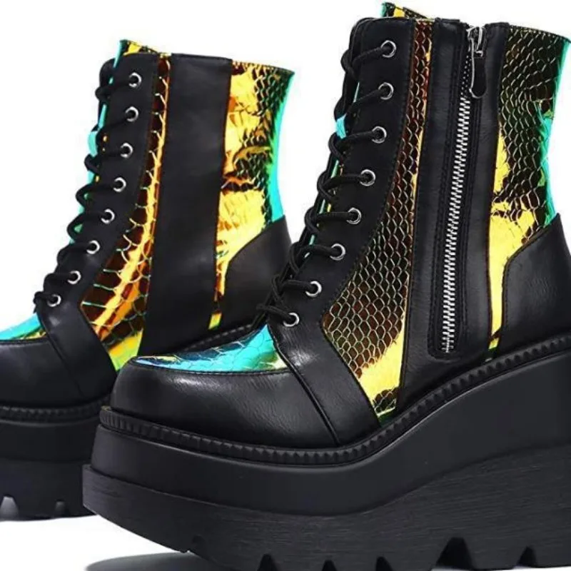 Women's Pink Holographic Platform Ankle Boots Fashion Gothic Wedge Heel Lace Up Side Zipper Punk Combat Boots Botas Para Mujer view 3