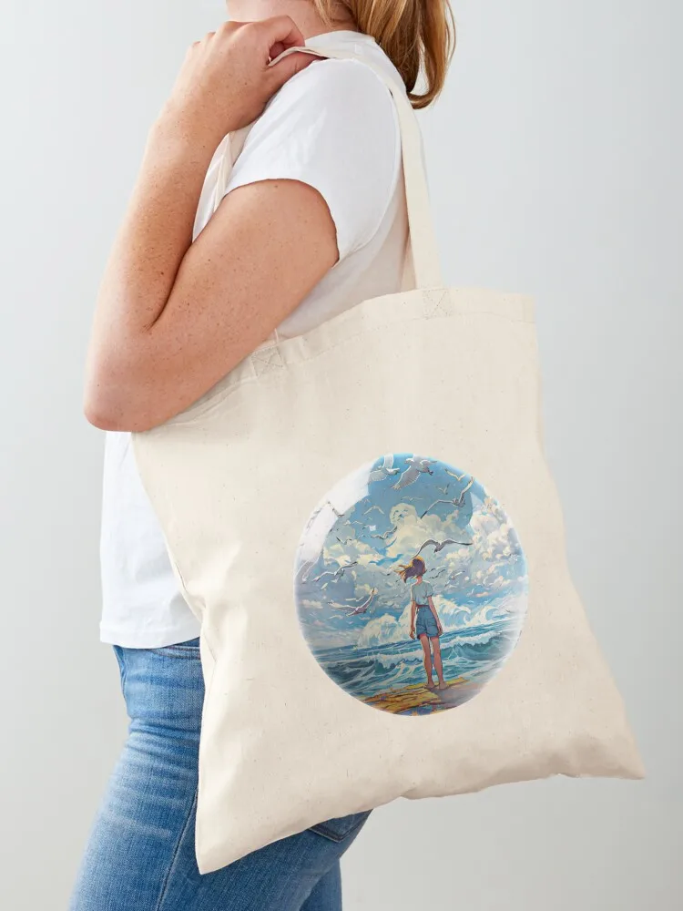 

Glass ball with a girl looking at the sea and seagull Tote Bag custom canvas bag shopping trolley bag