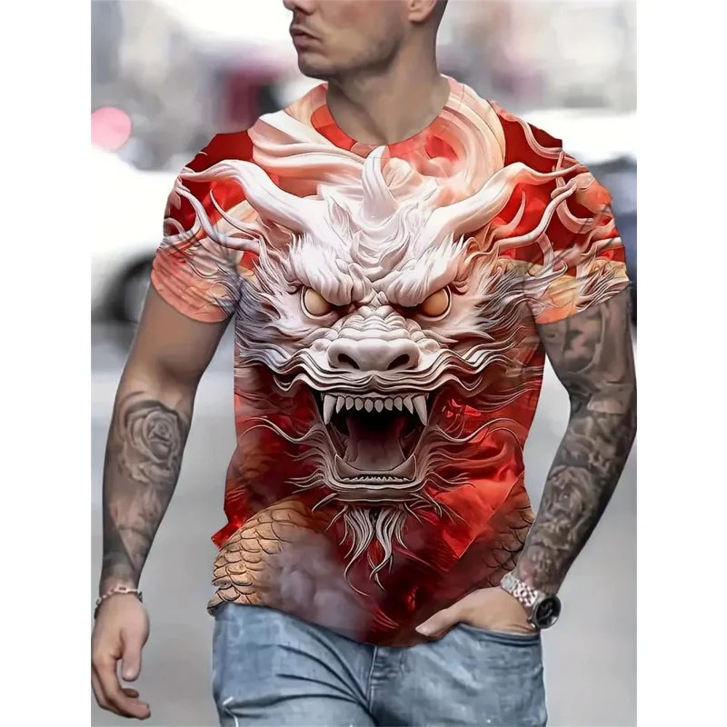 Vintage Chinese Loong Pattern T-Shirt For Men Dragon Skull 3D Printed T Shirts Summer Loose Street Tops O-Neck Short Sleeve Tees