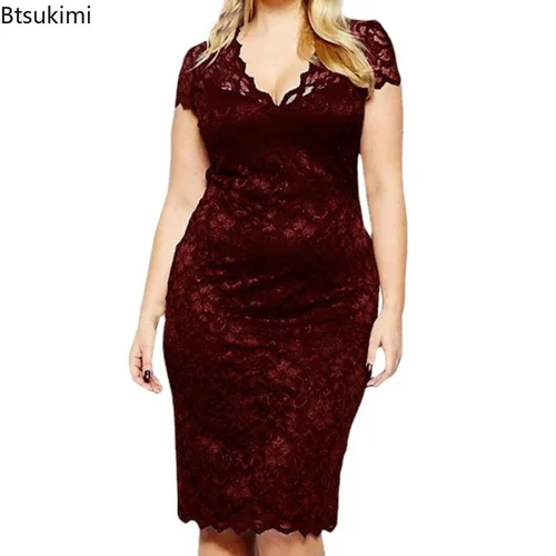 Imagen 2 del producto 2025 vestido Midi de retazos de encaje transparente de verano para mujer, vestido Sexy ajustado de manga corta con cuello en V profundo, vestido de fiesta de noche para mujer