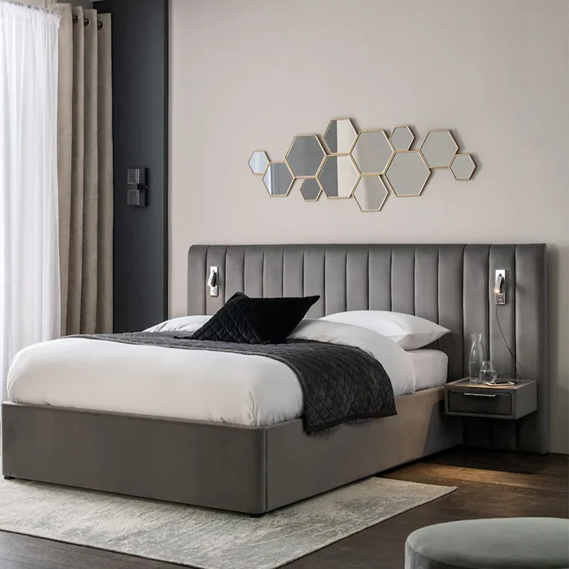 # Velvet Fabric Tufted Square Oversize Headboard Hotel Apartment Bed with Charger and Night Lights Versatile