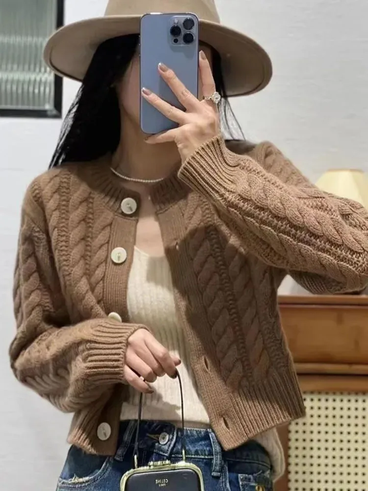 Korean Fall Knitwears Cardigan Short Silm Knit Coat Solid Color Long Sleeve Knitted Jacket Soft O-neck Woman Malhas Abrigos