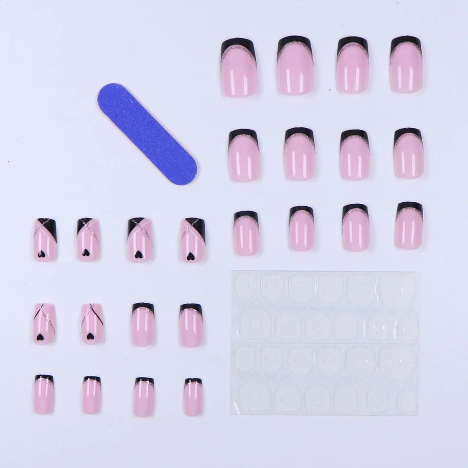 24 piezas de uñas postizas cuadradas negras, francesas, con patrón de corazones y brillantina plateada, reutilizables, incluye 1 pegamento tipo gel y 1 empujador de cutículas, para mujeres 3