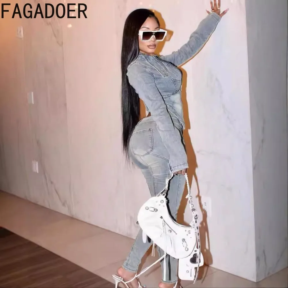 FAGADOER Sexy Denim 2 Piece Set Outfit Retro Y2k Streetwear Zip Stretchy Slim Jackets and Jeans Pant Sets Autumn New Clothing