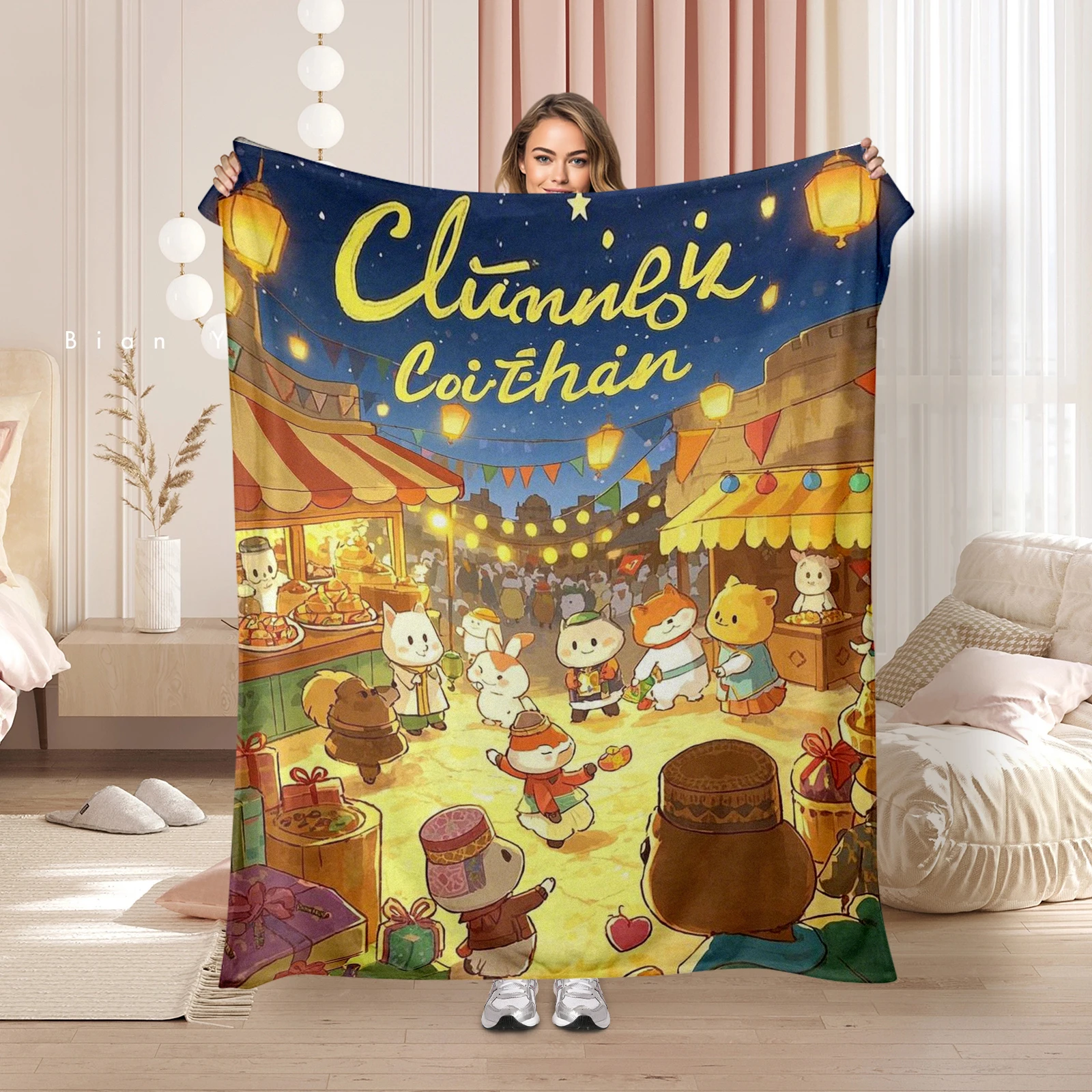 

Family Oriented Ramadan Blanket Featuring Cartoon Cats At A Ceremony Under The Starry Sky Encouraging Cultural Interest