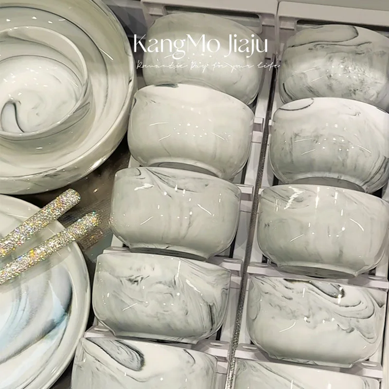 Marble Grey Plates and Bowls  Pieces Porcelain Dinnerware Sets Dishware Sets Chip Resistant Ceramic Dish Set