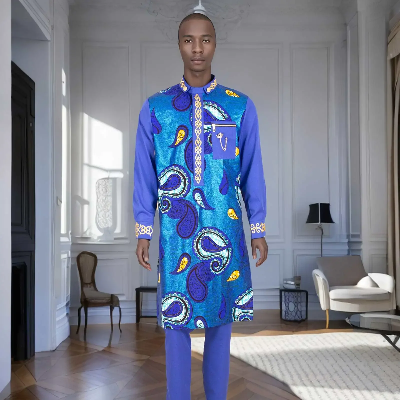 African Clothing for Men Embroidery Print Shirts and Pants 2 Piece Set Long Robes Traditional Outfits Blouse Pockets A2216029