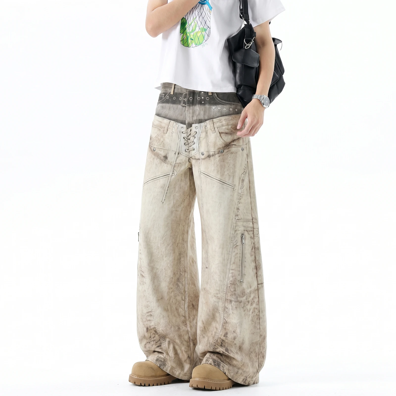 Integrated Belt 3D Printed Waistband Strap Men's Wide Leg Jeans Loose Straight Leg Design Casual New Denim Pants 9X3655