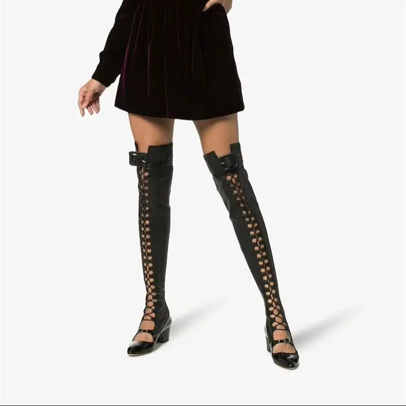 Sestito Woman Sexy Lace-up Side Zipper Over-the-knee Boots Girls Cut-outs Sandals Boots Ladies Round Toe Chunky Heels Shoes