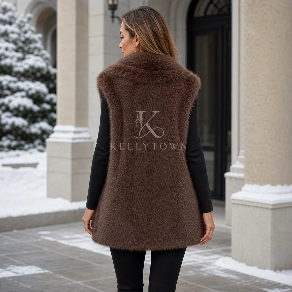 Faux Fur Vest Women Lapel Jacket Coat Full Pelt Sleeveless Regular Open Front Thick High Street Autumn Winter жилет женский