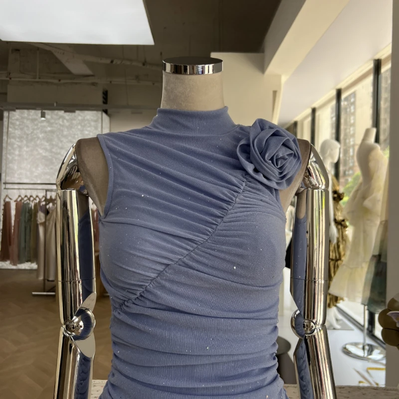 KBQ Blue Slimming Spliced Folds Chic Dresses for Women Turtleneck Sleeveless Elegnt Irregular Dress Female Summer Fashion New view 5