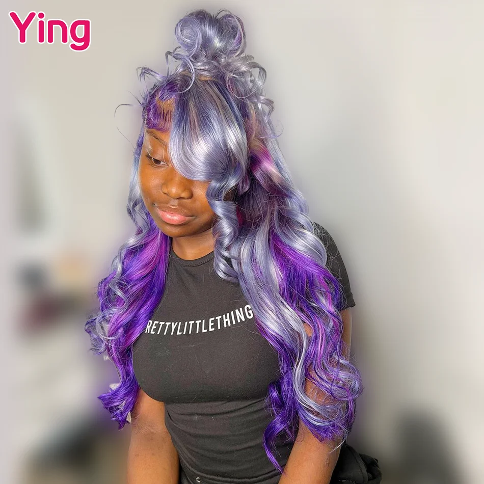 Highlight Silver Purple Body Wave 13x6 Transparent Lace Front Wig Prepluck Brazilia 5x5 Closure Human Hair Wigs For Black Women