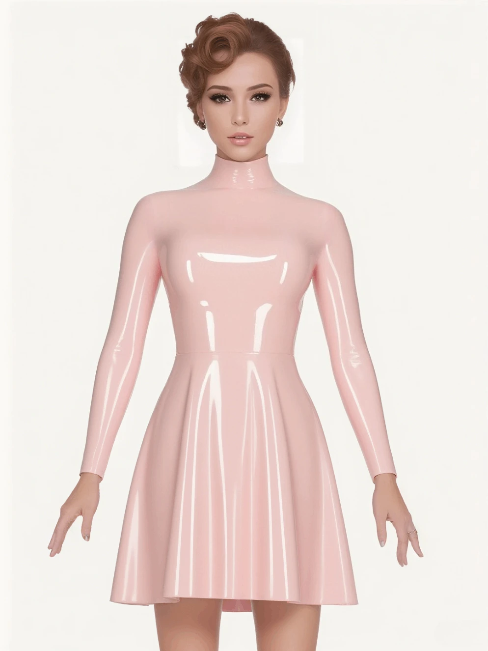 

women s latex dress high neck long sleeve pink shiny rubber dress party clubwear handmade mini dress customized