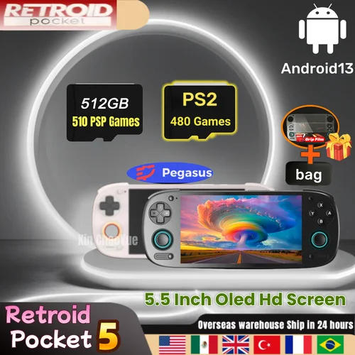 Retroid Pocket 5 RP5 Console de jeu portable rétro Consoles de jeux vidéo Android13 5.5 pouces OLED HD écran SD865 8 + 128G 512G PSP PS2